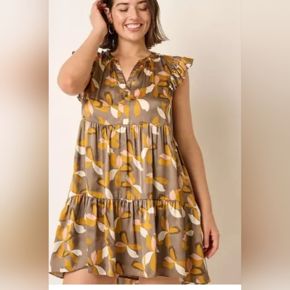 Mittoshop Floral Ruffle Sleeve Dress Tiered Mini Mocha Size S